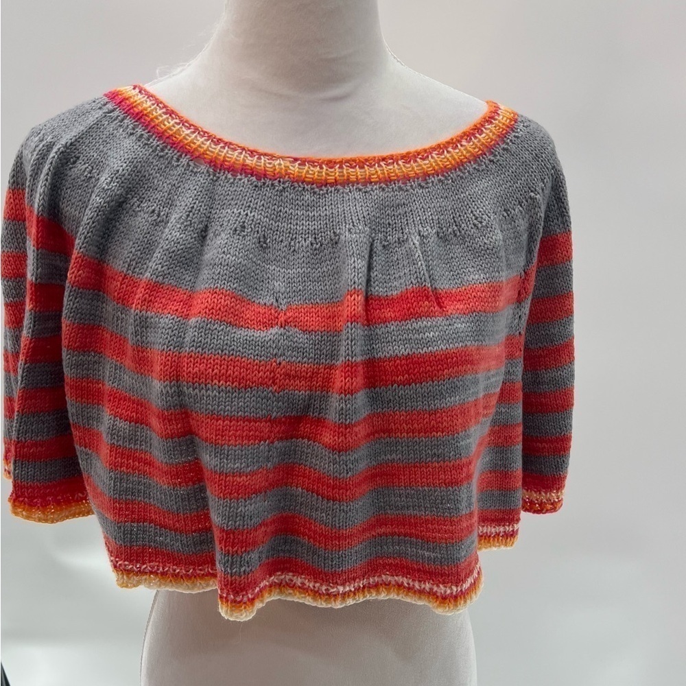 Striped Gray and Red Women's Shawl Sweater